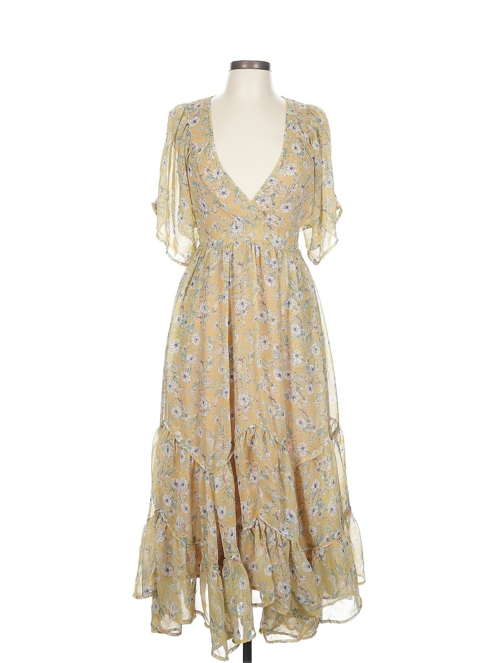 Storia Yellow Floral V-Neck Ruffle Maxi Dress